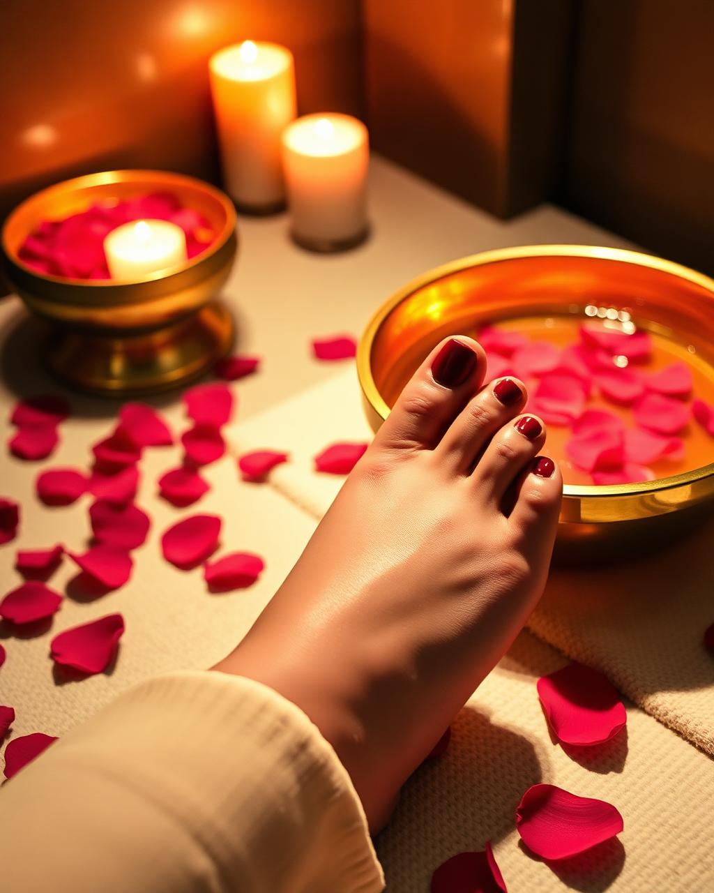 Luxury red pedicure with rose petals