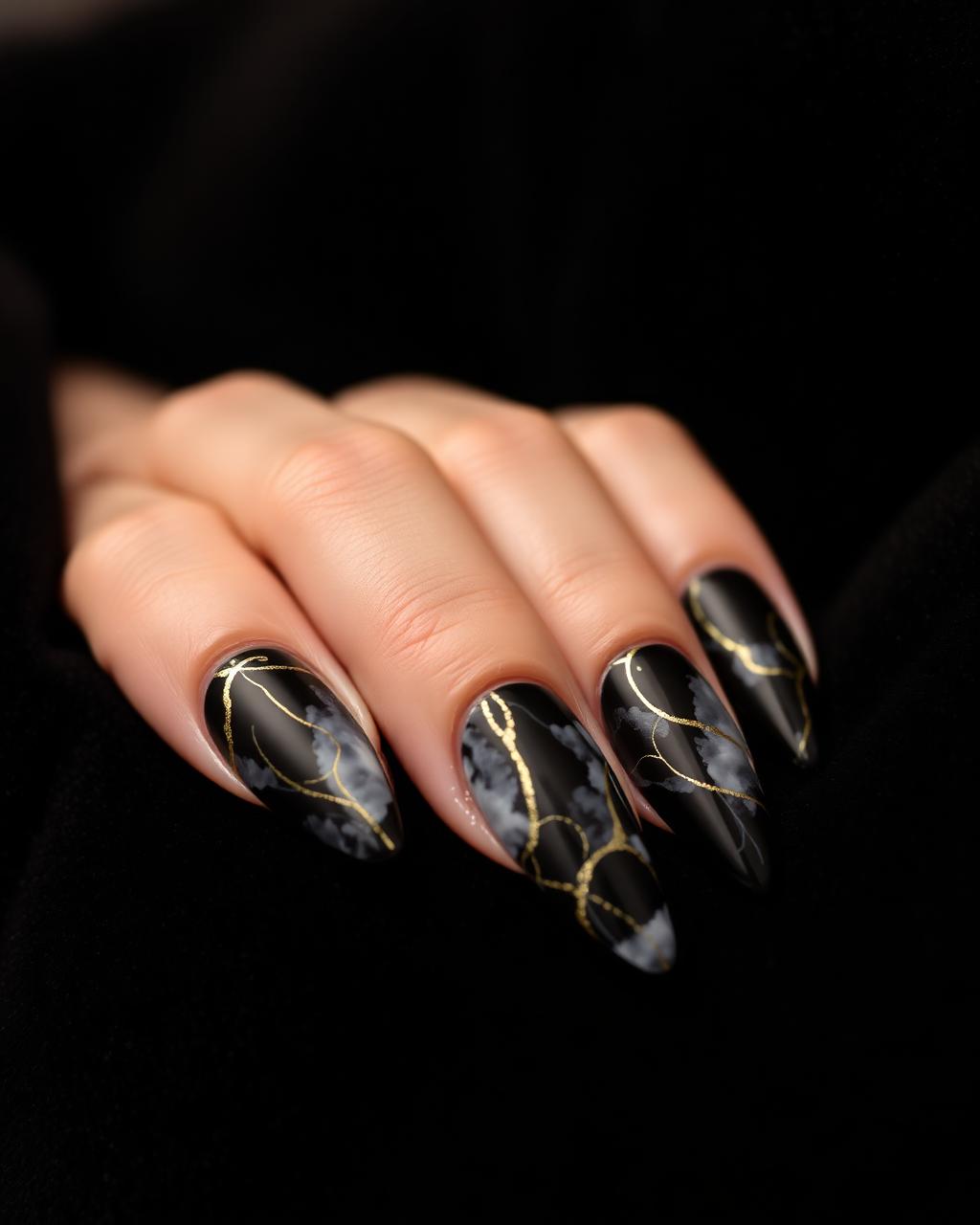 Black & gold marble stiletto nails